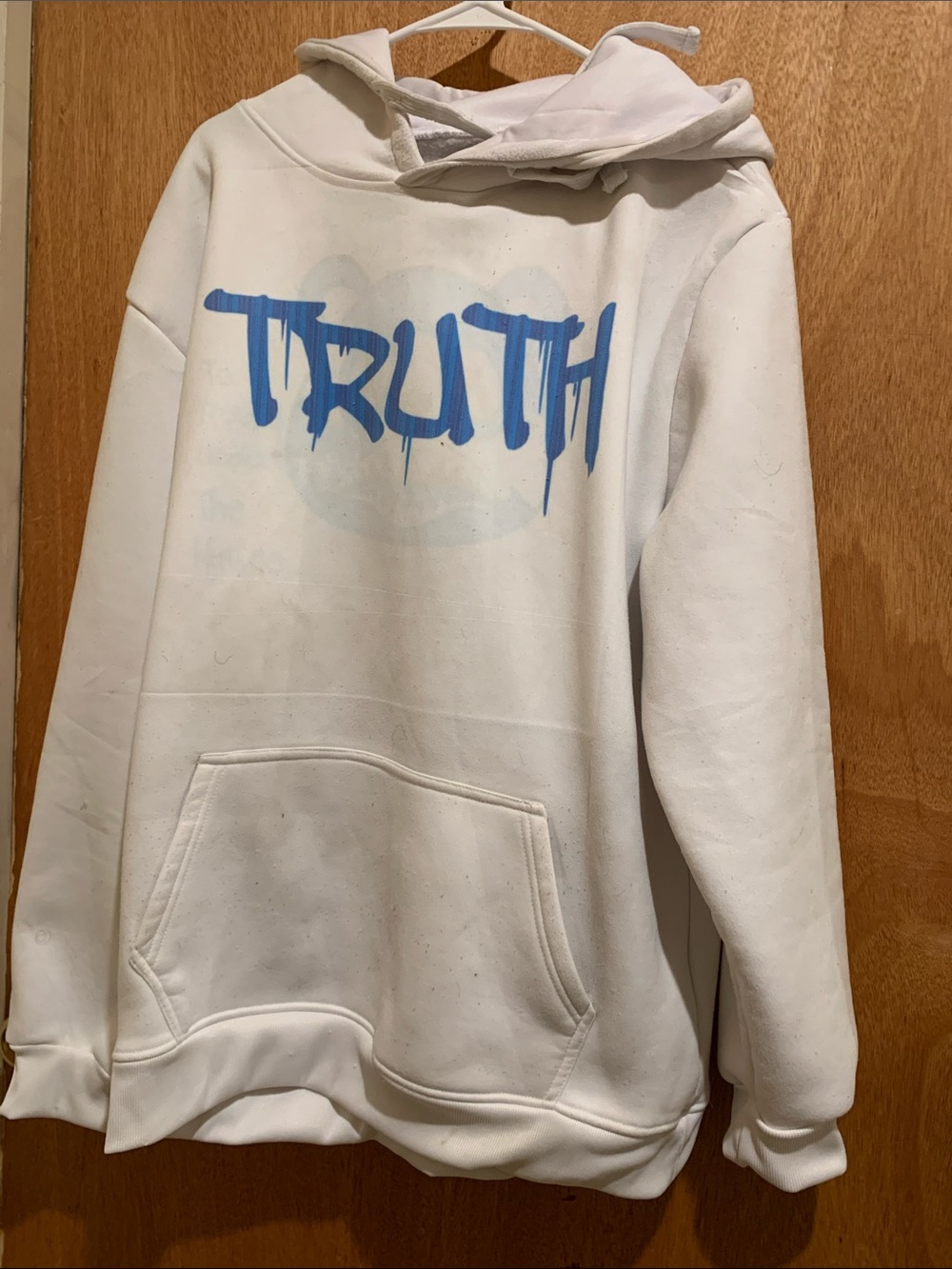 White Hoodie with Blue 'TRUTH' Graphic